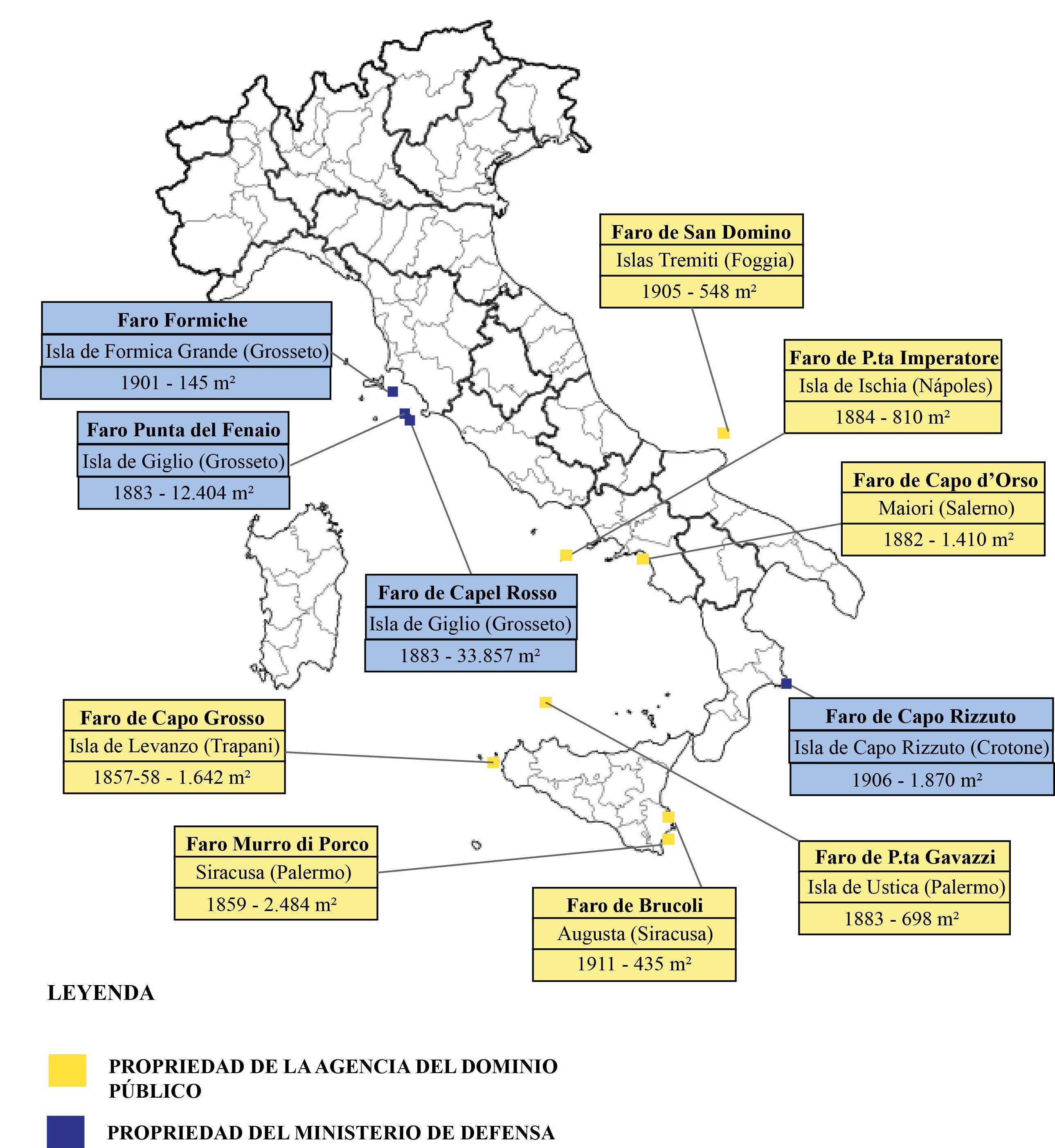 Localización de los faros incluidos en el proyecto "Valore Paese Fari"