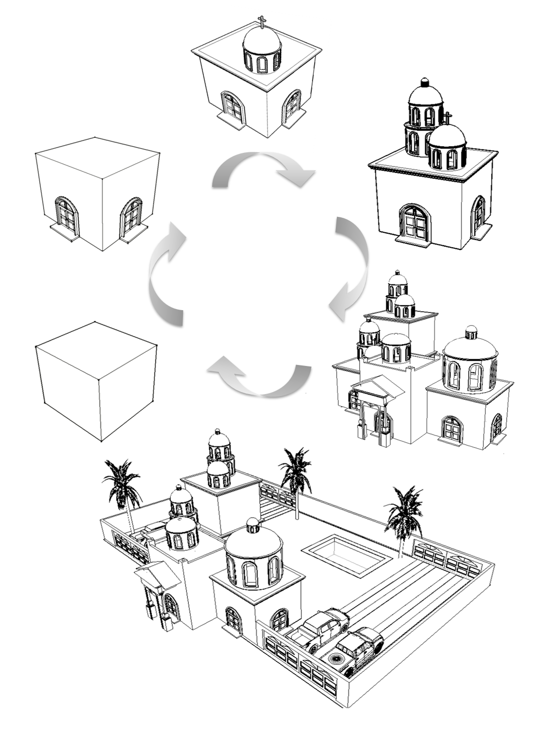 Ilustración de la evolución del diseño narco, desde el cubo módulo básico cristalizado en la tumba hasta la residencia. (Elaboración del autor).